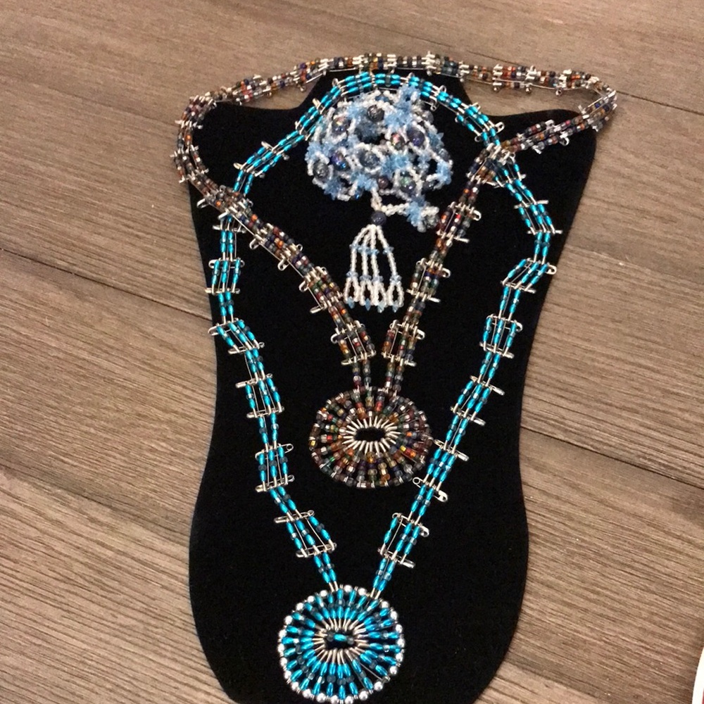 Vintage boho arts and crafts safety pin and bead necklace pair plus one bead